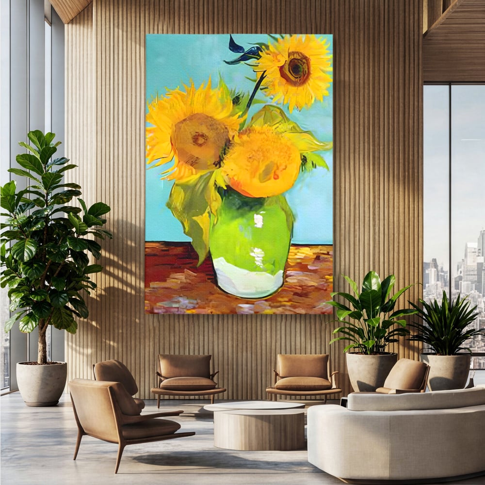 Tablou canvas cu tablou pictura cu floarea soarelui, fara rama, pe sasiu de lemn, pe perete intr-un birou
